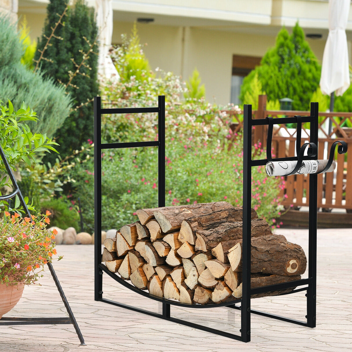 33 Inch Firewood Rack with Removable Kindling Holder Steel Fireplace