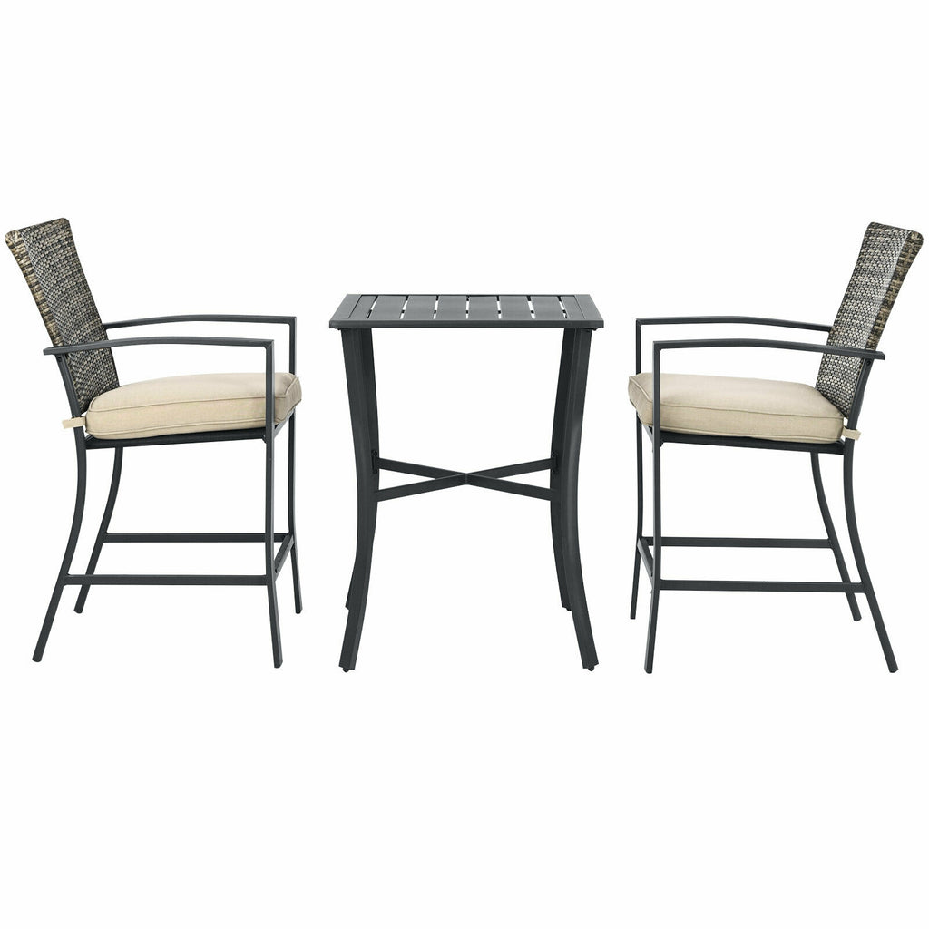 3 Pieces Rattan Bar Furniture Set with Slat Table and 2 Cushioned