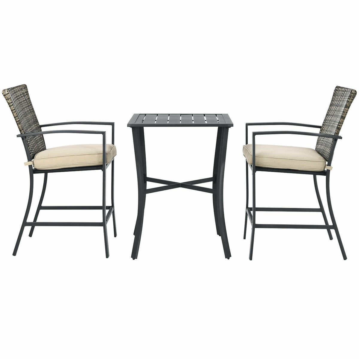 3 Pieces Rattan Bar Furniture Set with Slat Table and 2 Cushioned