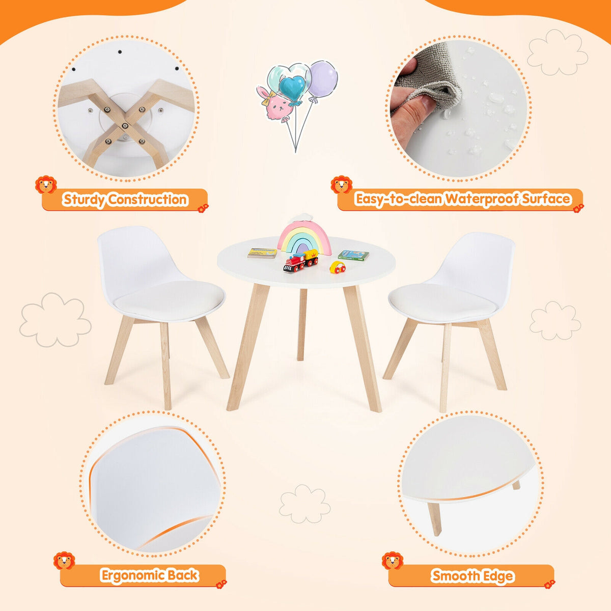 Kids Activity Play Table with Beech Legs and Cushions - White