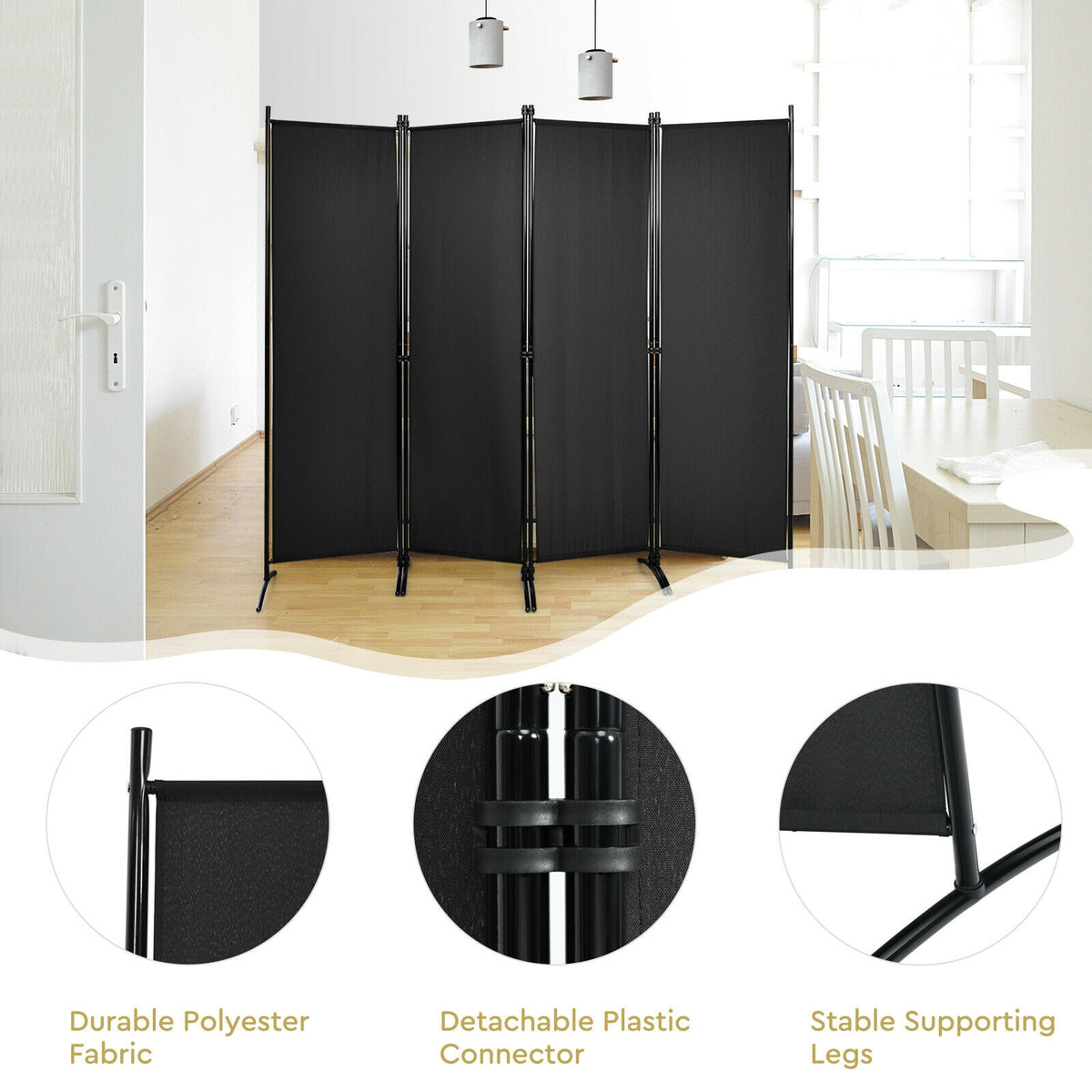 5.6 Feet 4 Panel Room Divider with Steel Frame - Black Variation
