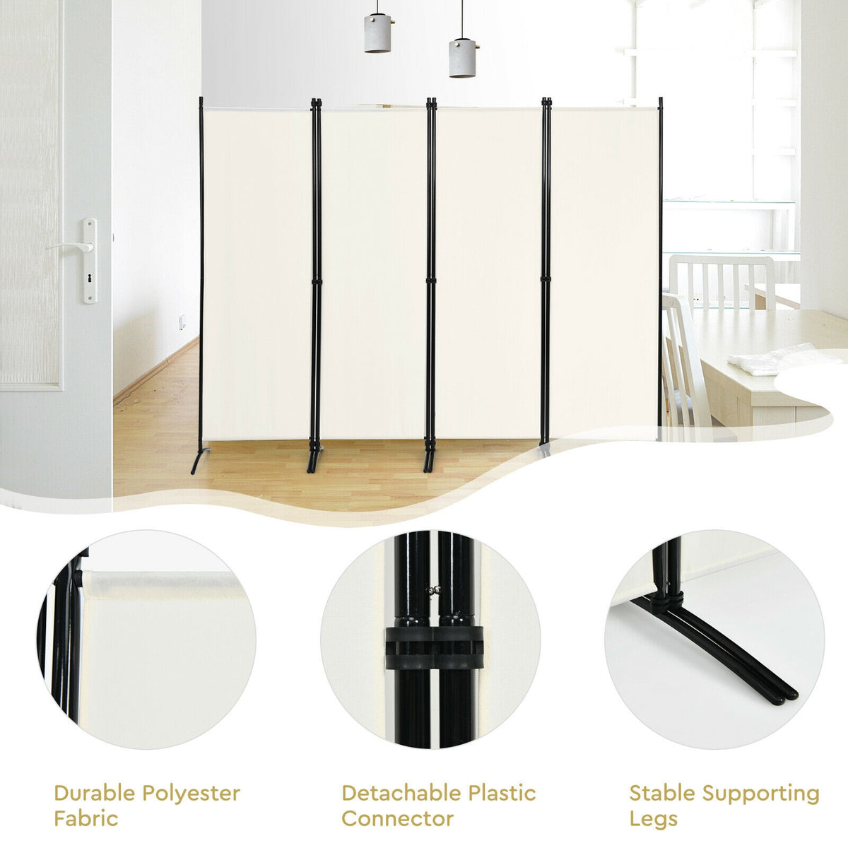 4-Panel Room Divider with Steel Frame - 5.6 Feet, White, Indoor & Outdoor Privacy Screen - Costway