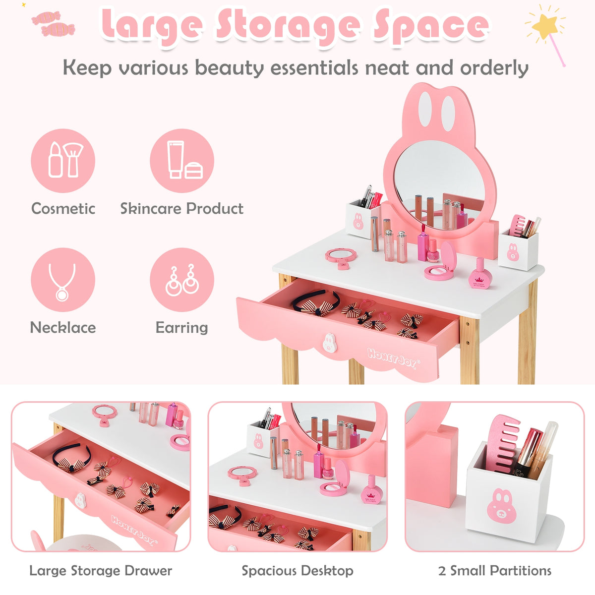 Kids Rabbit Vanity Table Chair Set with Mirror & Drawer - White
