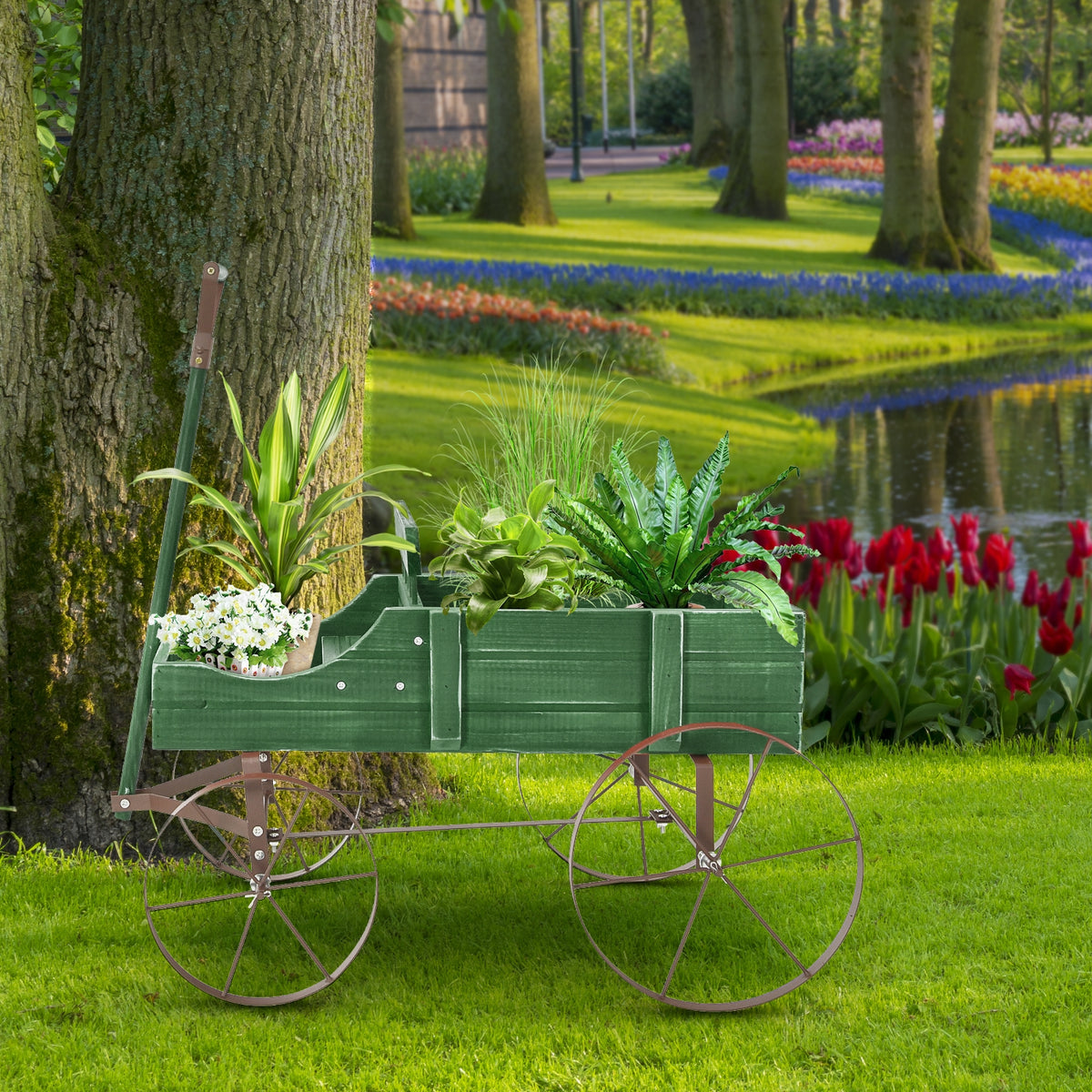 Wooden Garden Wagon Planter Bed with Metal Wheels - Green