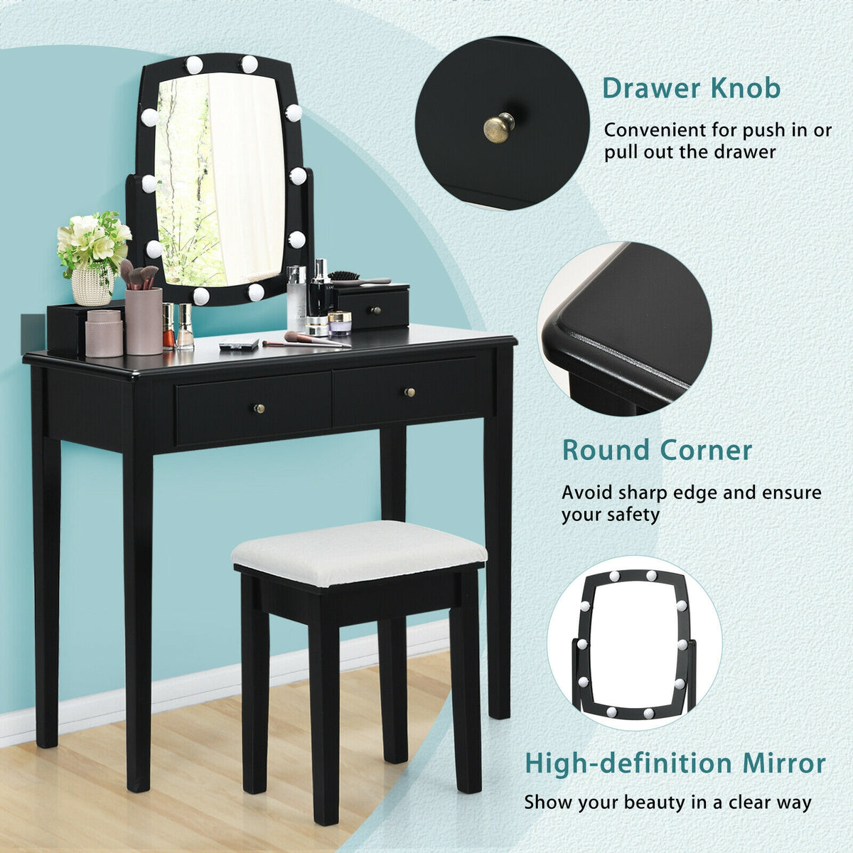 Vanity Table Set with Lighted Mirror, Black
