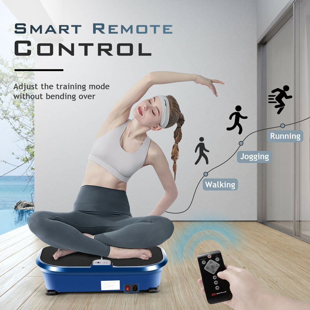 Mini Vibration Plate Exercise Machine with Remote & Loop Bands - 9 Presets, Blue, Compact Fitness Equipment