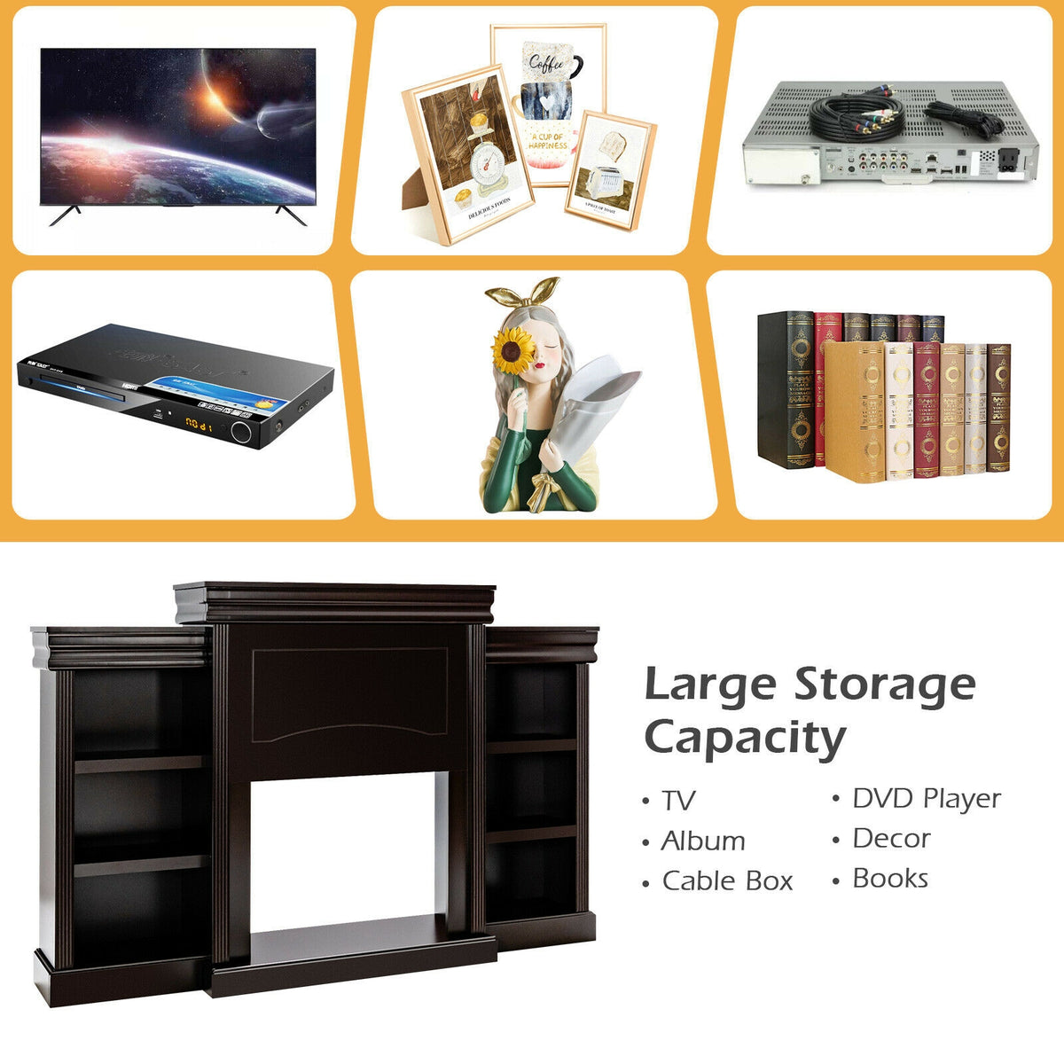 70 Inch Fireplace Media Entertainment Center with Bookcase - Brown