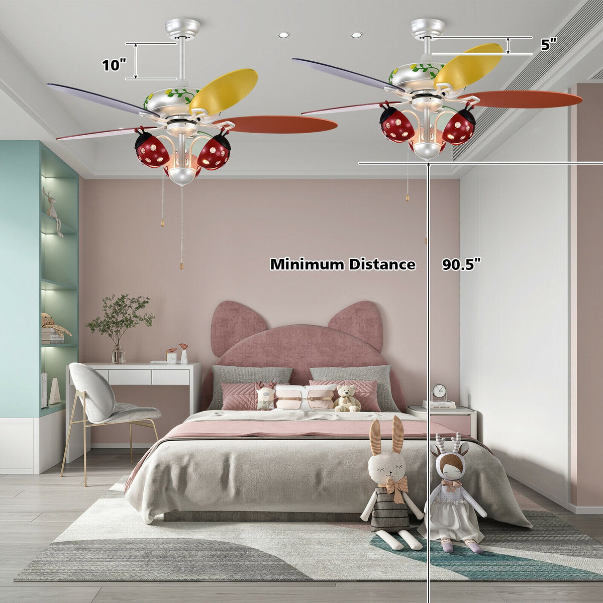 Kids Ceiling Fan with Be Beetle Lampshade, Colorful Blades & Reversible Motor
