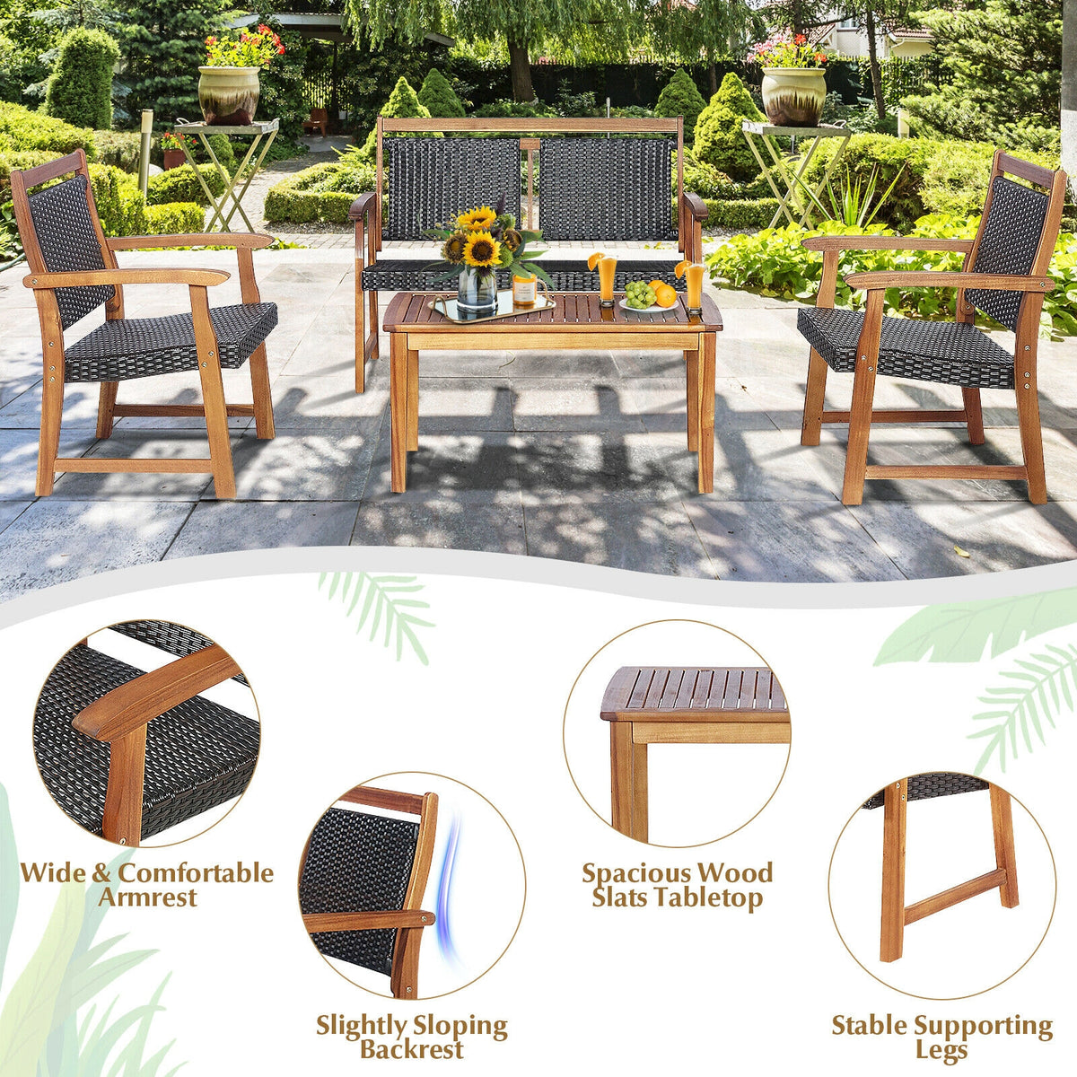 4 Pieces Outdoor Patio Rattan Furniture Sofa Set with Acacia Wood