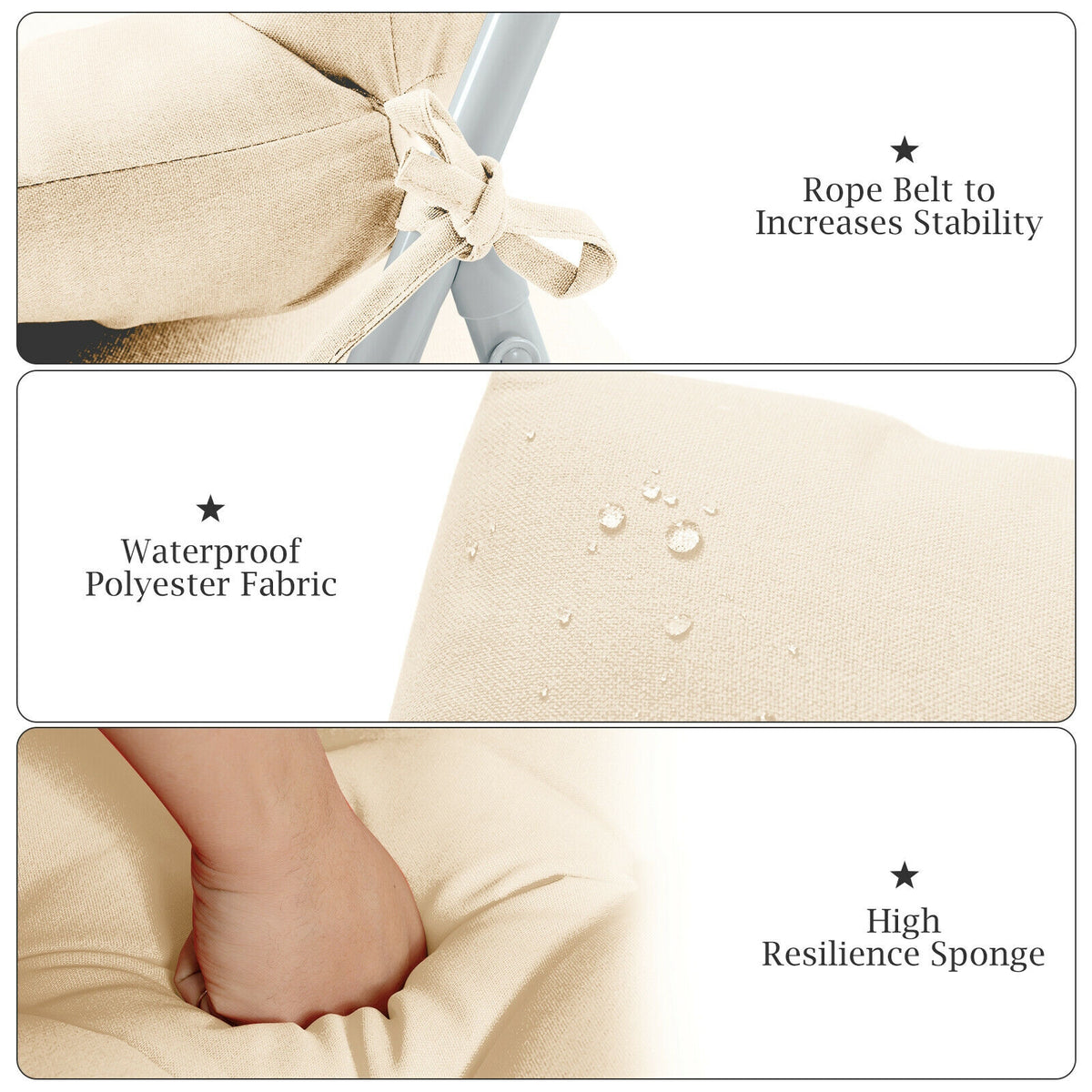 High Back Chair Cushion with Non-Slip Ties - Beige