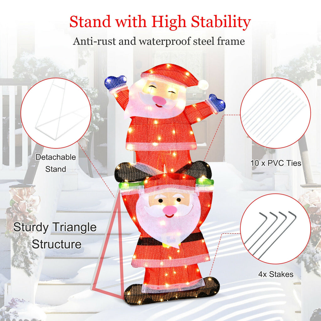 Metal Frame Double Santa LED Yard Decoration with String Lights & Stakes - Christmas Outdoor Decor