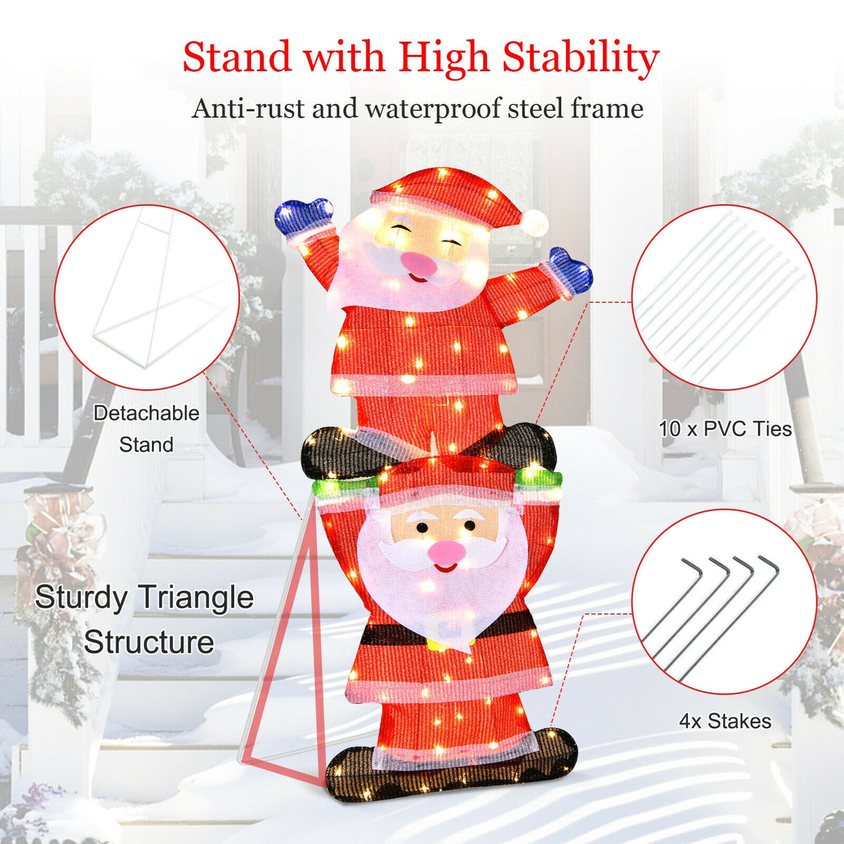 Metal Frame Double Santa LED Yard Decoration with String Lights & Stakes - Christmas Outdoor Decor