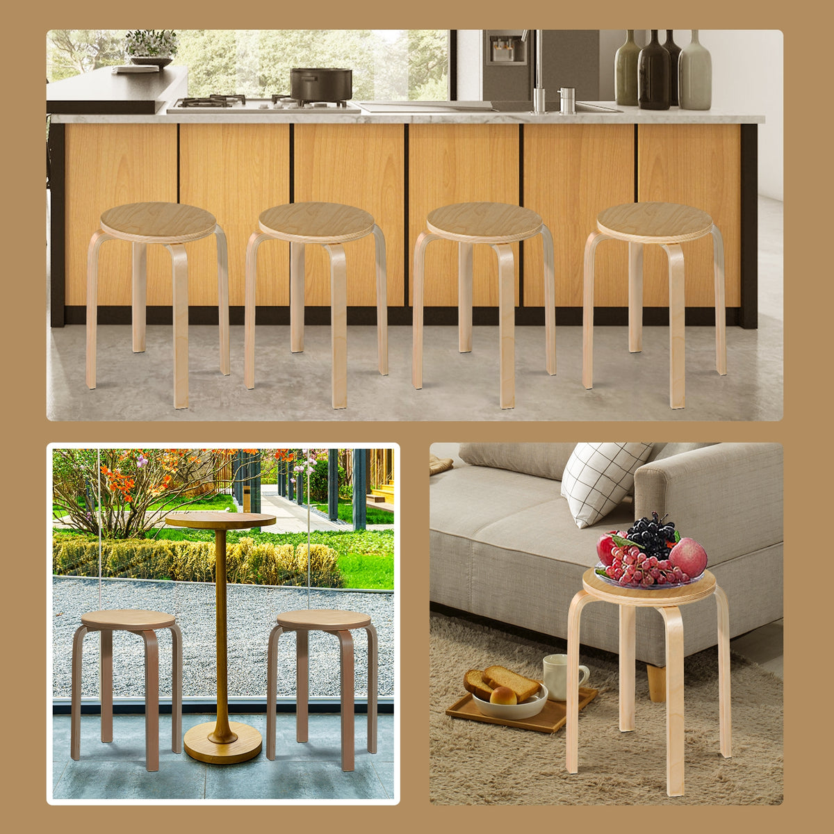 Set of 4 Stackable Bentwood Dining Chairs, Natural