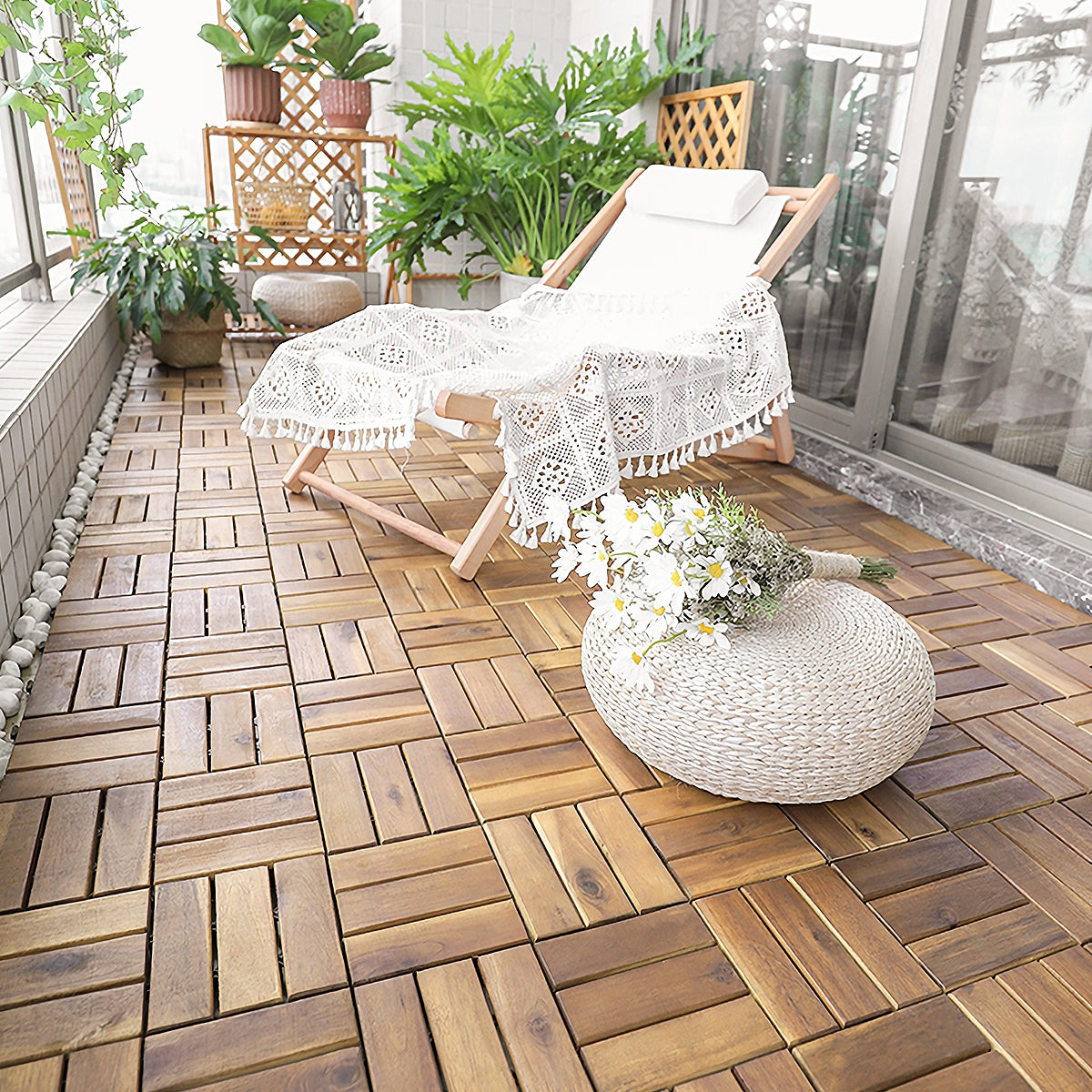 Checker Pattern Acacia Wood Interlocking Deck Tiles - 12x12 Inch, 10 Pack