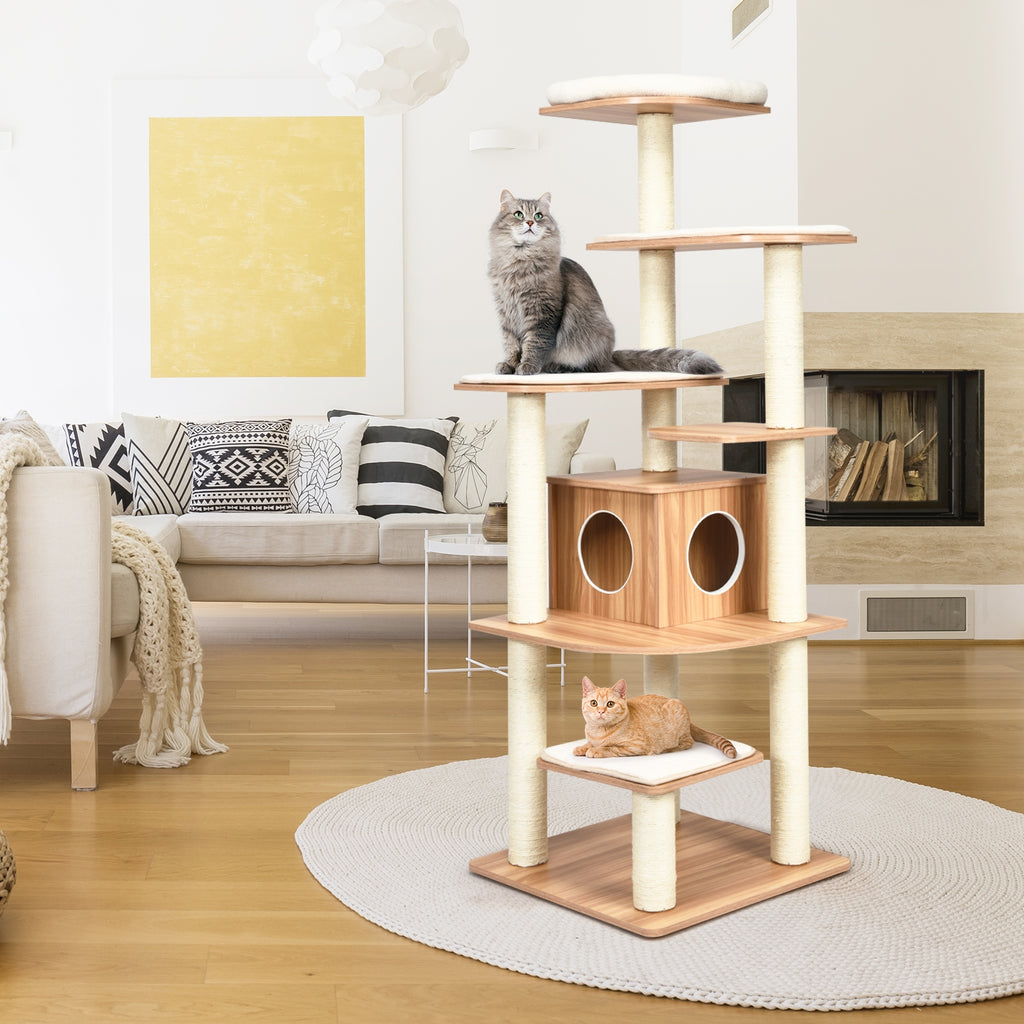 7-Layer Wooden Cat Tree Tower with Sisal Posts & Condo - Natural Finish