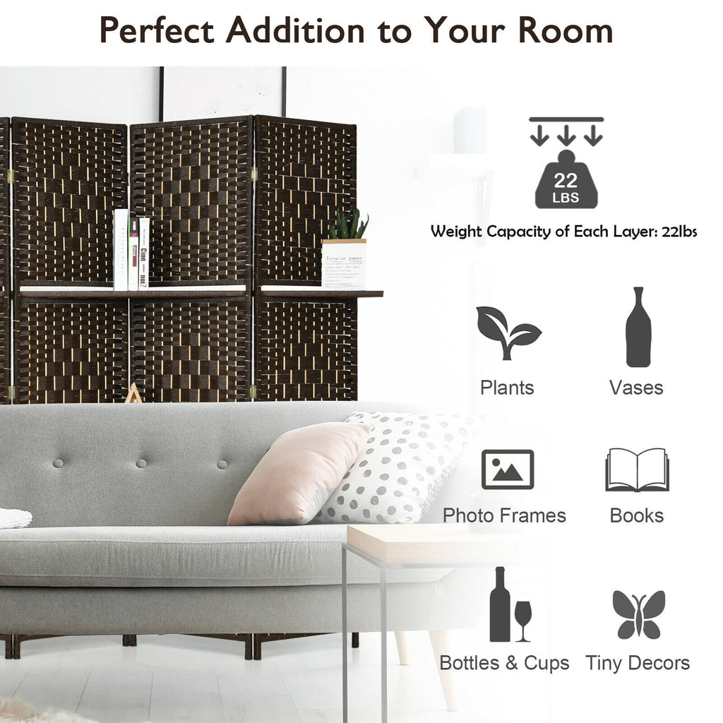 Brown 6-Panel Folding Fiber Room Divider with 2 Display Shelves - Natural Home Decor