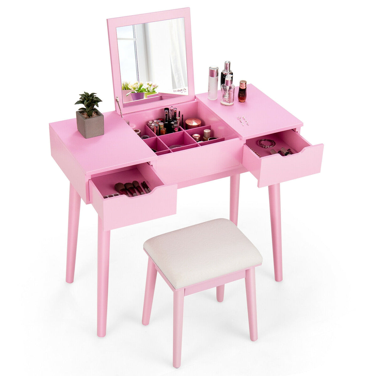 Makeup Vanity Table with Flip Top Mirror and 2 Drawers, Pink