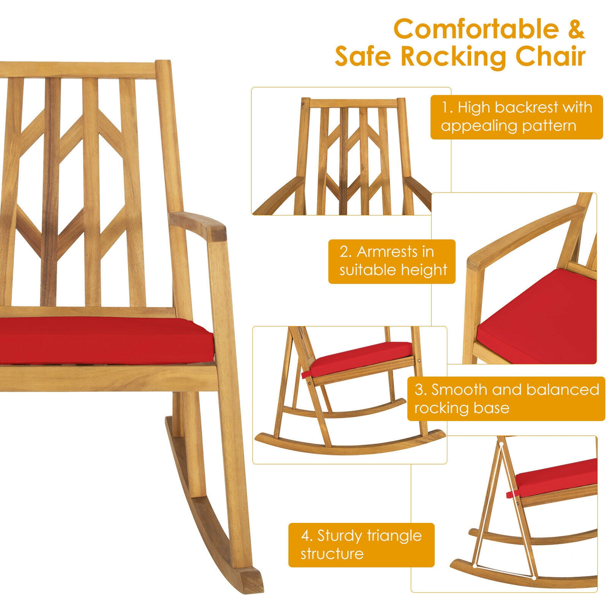 Patio Acacia Wood Rocking Chair Sofa with Armrest and Cushion for