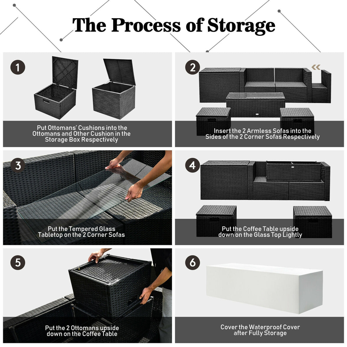 8-Piece Patio Furniture Set with Storage Box & Cover – Black Rattan, Off White