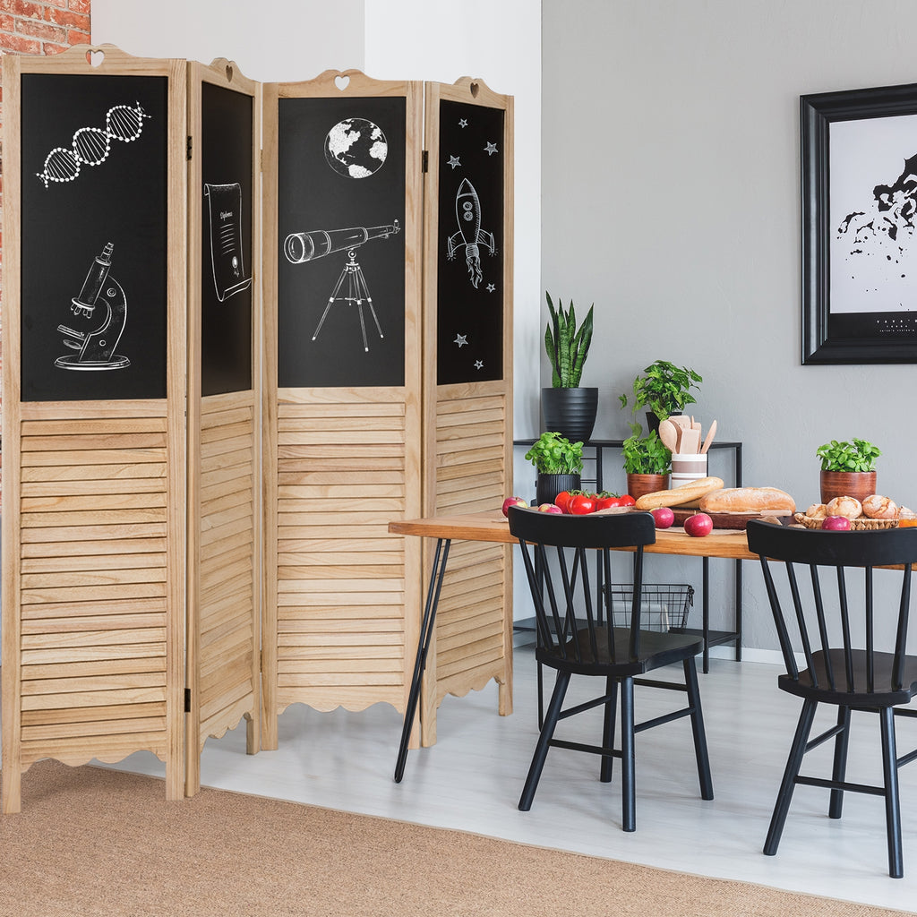 Foldable 4-Panel Room Divider with Chalkboards - Rustic Wood Partition Screen