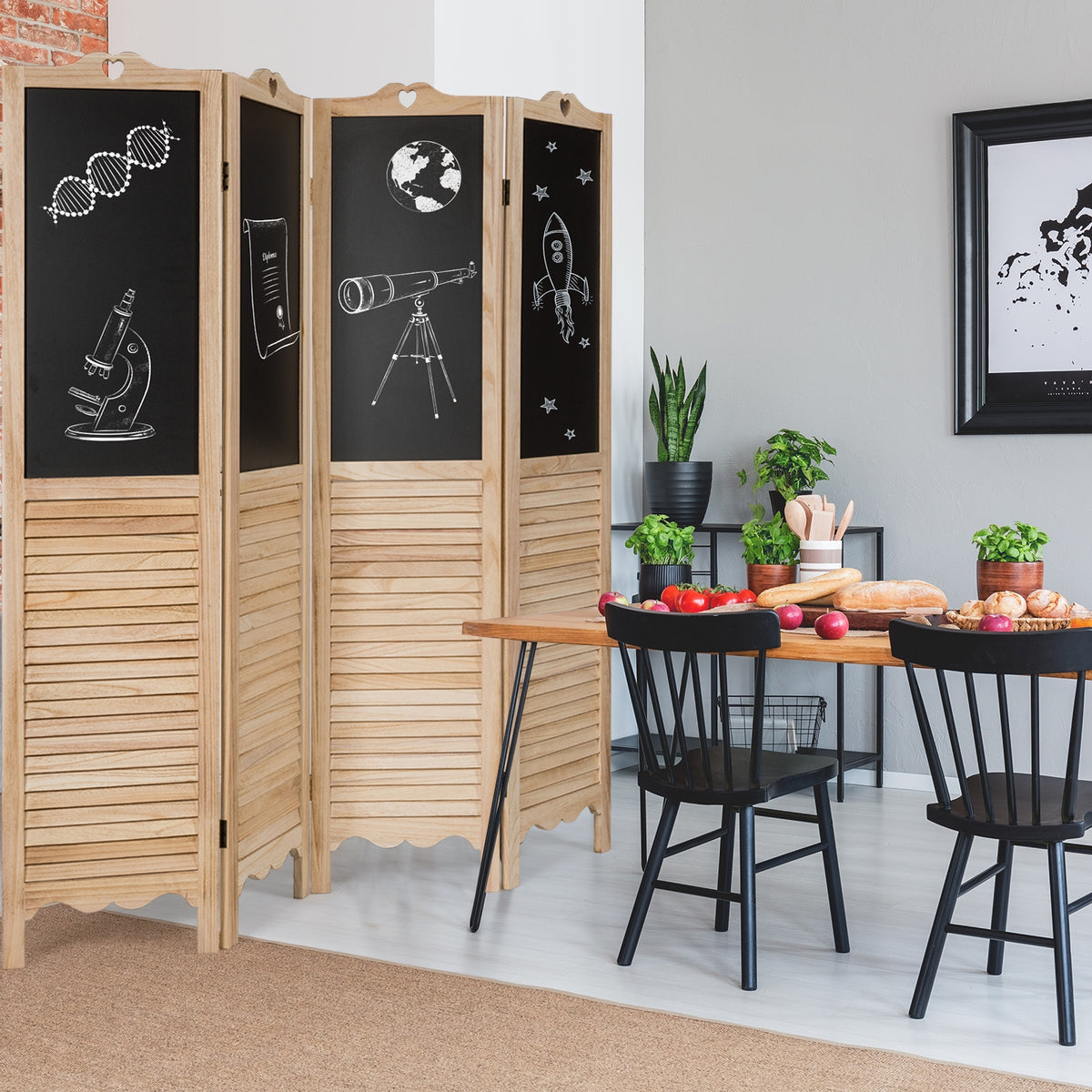 Foldable 4-Panel Room Divider with Chalkboards - Rustic Wood Partition Screen