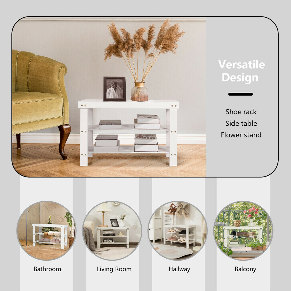 3-Tier Bamboo Shoe Rack Bench, White
