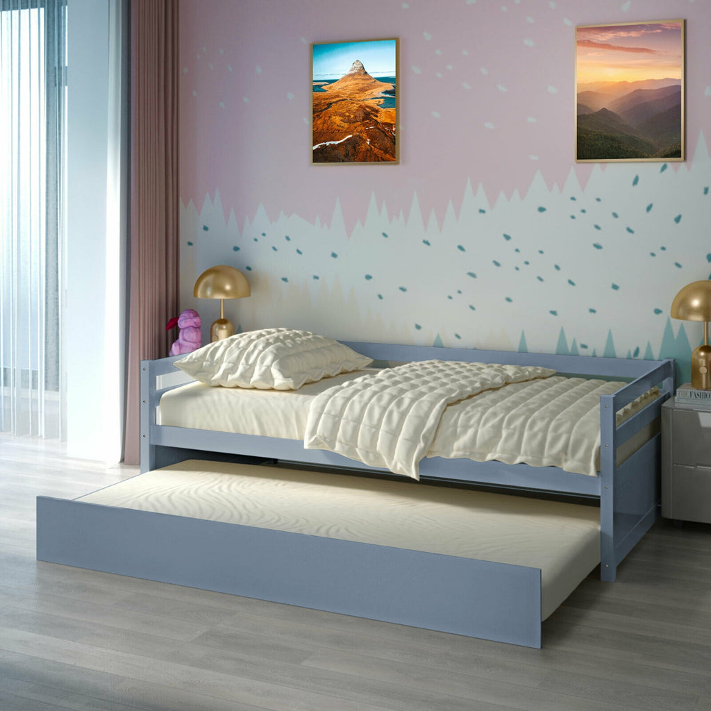 Twin Trundle Bed Frame with Wooden Slat Support - Gray