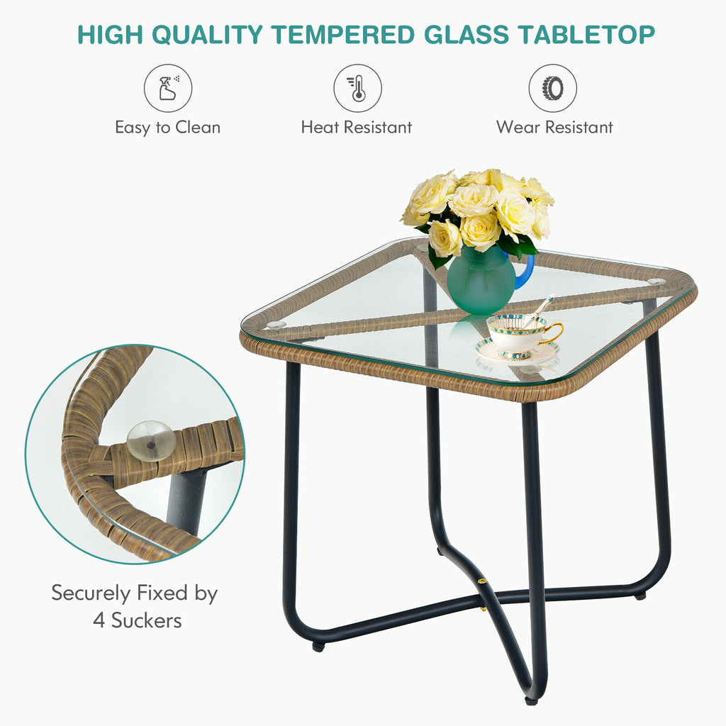 3-Piece Patio Bistro Set with 2 Rattan Chairs and Square Glass Coffee