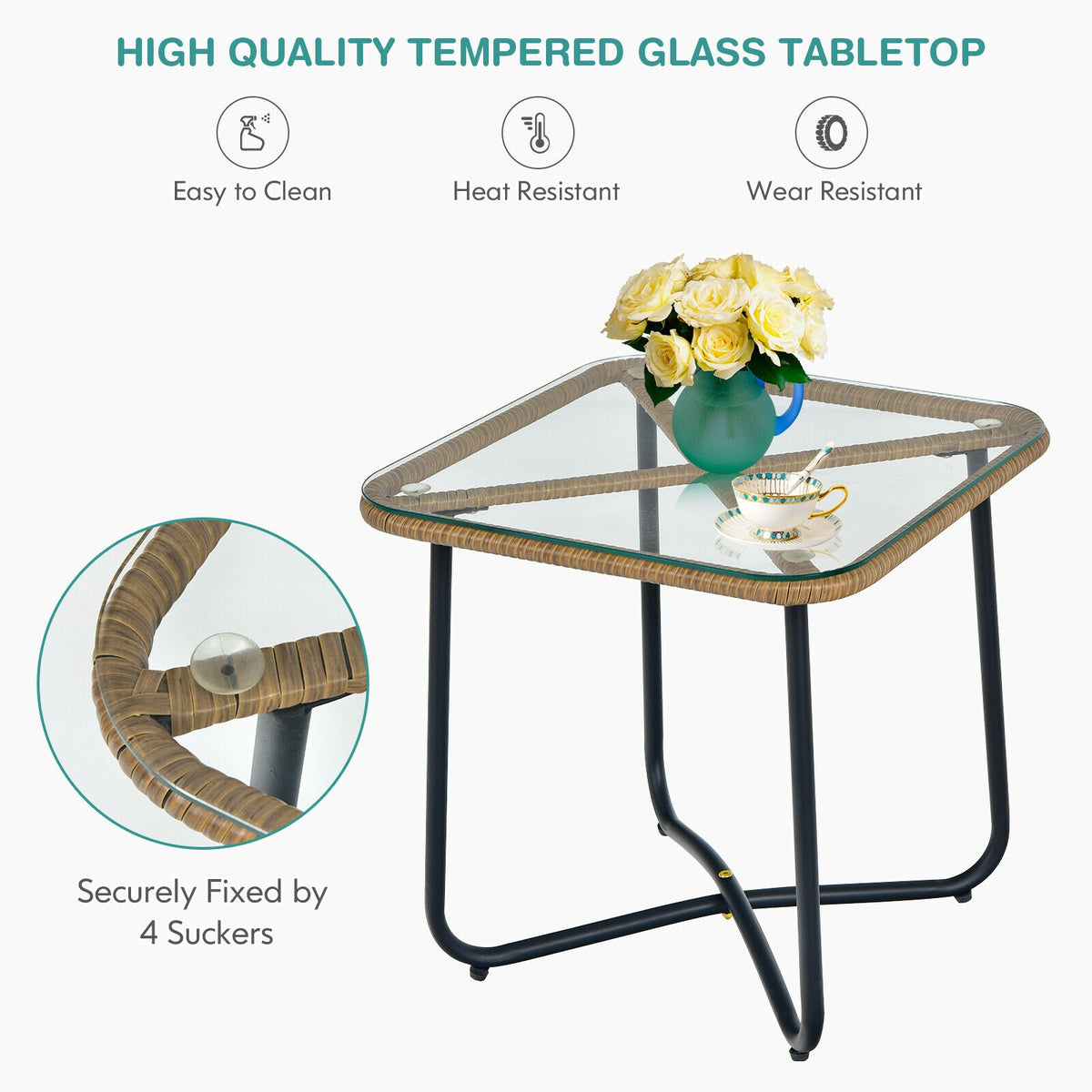 3-Piece Patio Bistro Set with 2 Rattan Chairs and Square Glass Coffee
