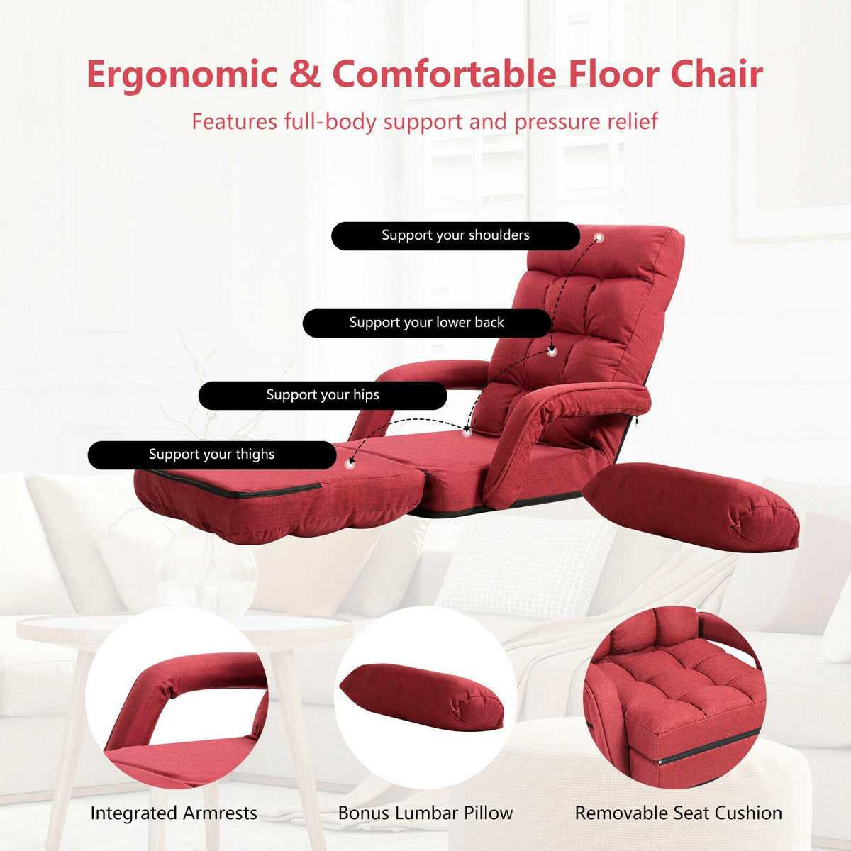 Folding Lazy Floor Chair with Armrests and Pillow - Red