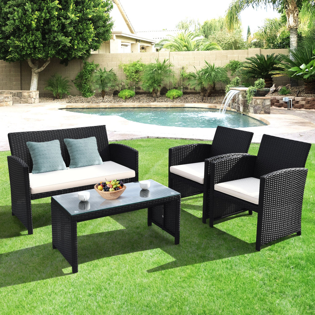 4 Pieces Rattan Patio Furniture Set with Weather Resistant Cushions