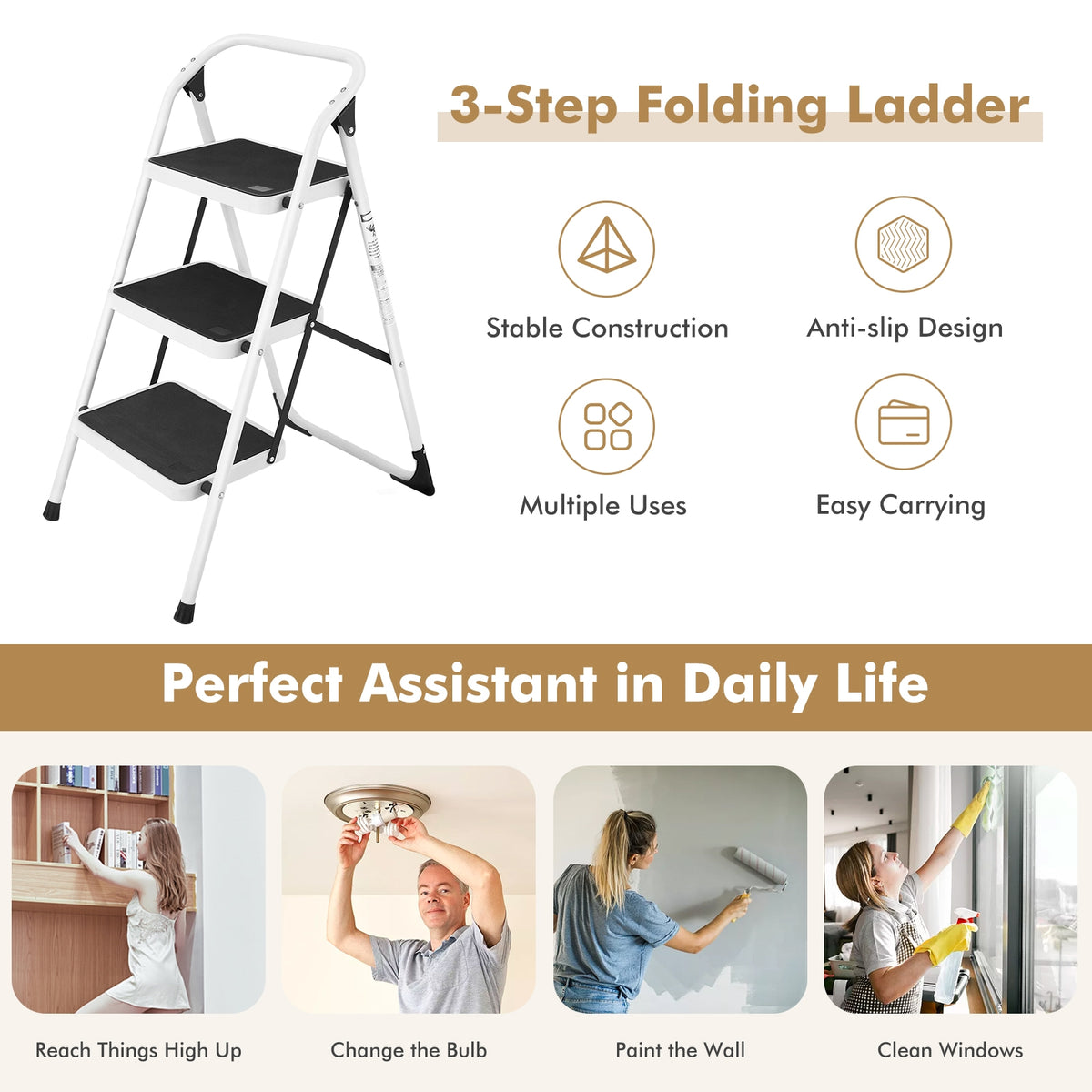Folding 3-Step Ladder with Anti-Slip Platform