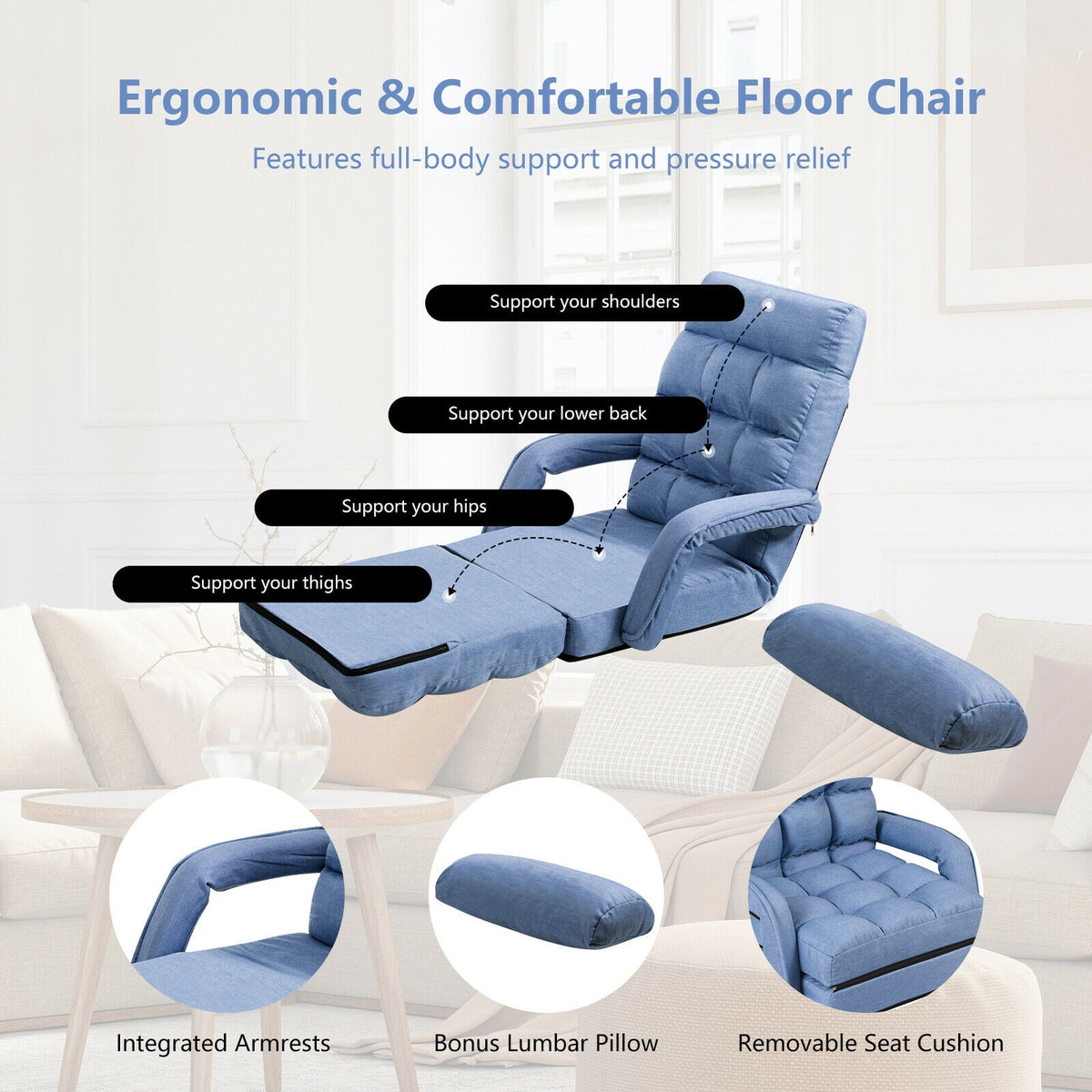 Folding Floor Chair with Armrests and Pillow - Blue