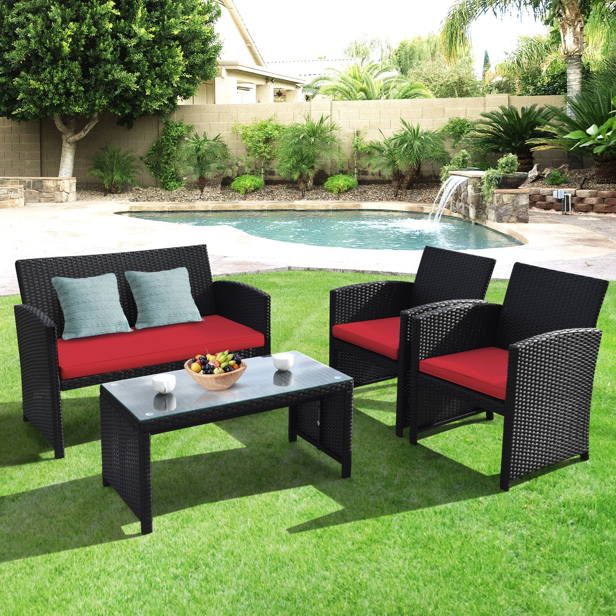 4-Piece Rattan Patio Furniture Set with Cushions - Black Rattan, Red