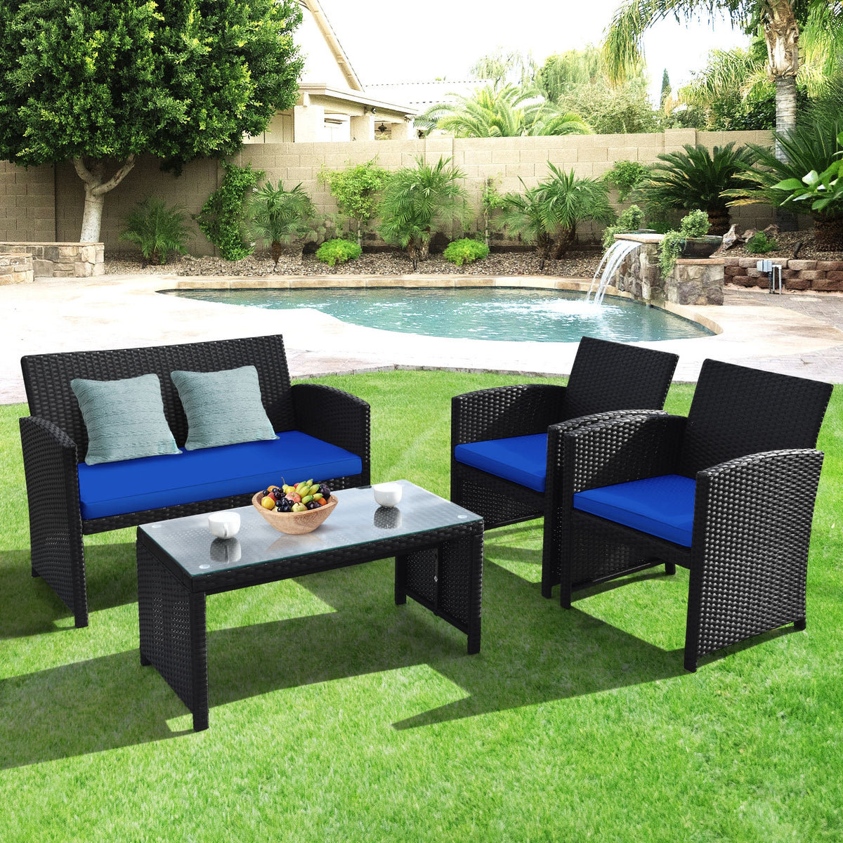 4-Piece Rattan Patio Furniture Set with Cushions - Black Rattan, Navy