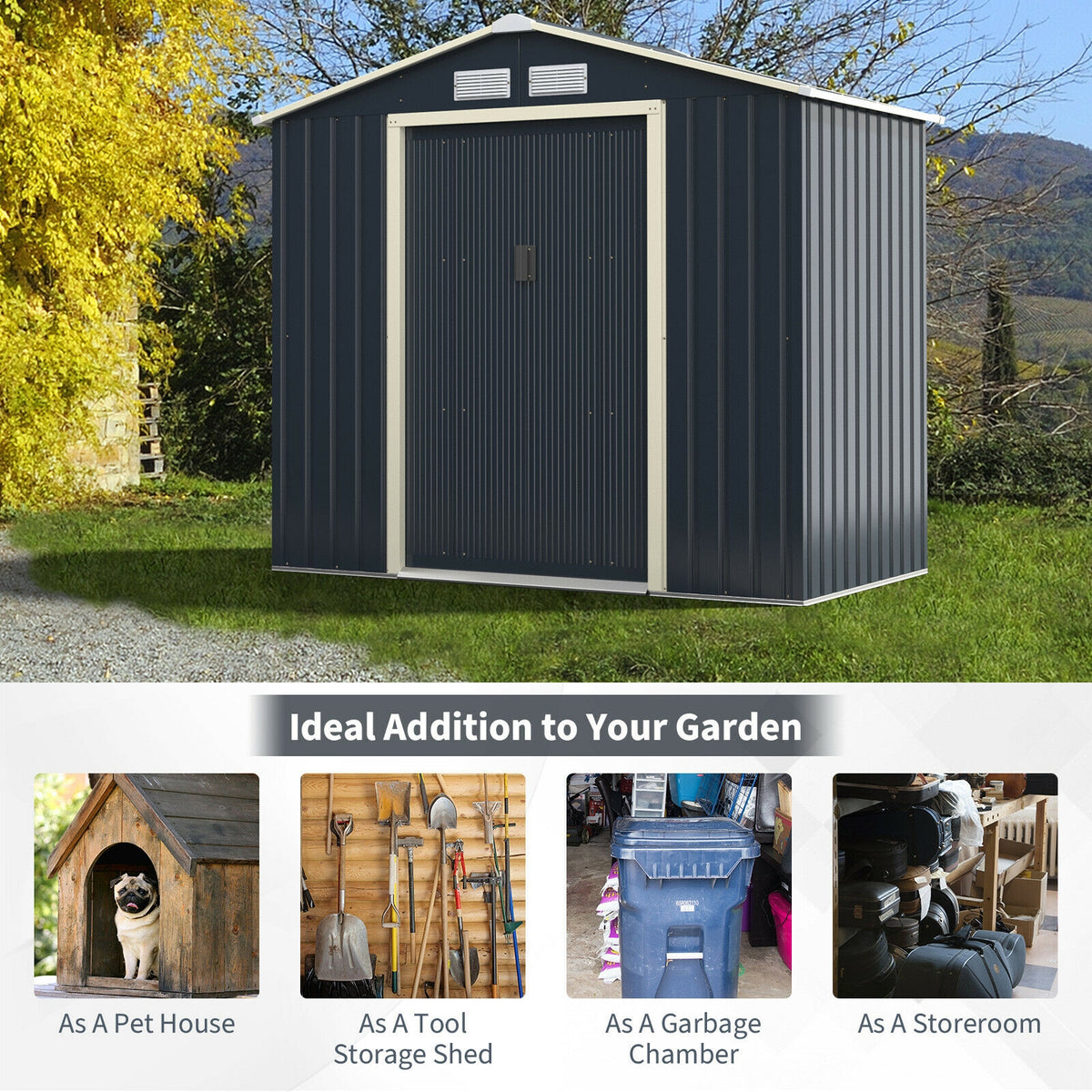 7 x 4 Feet Metal Storage Shed with Sliding Double Lockable Doors