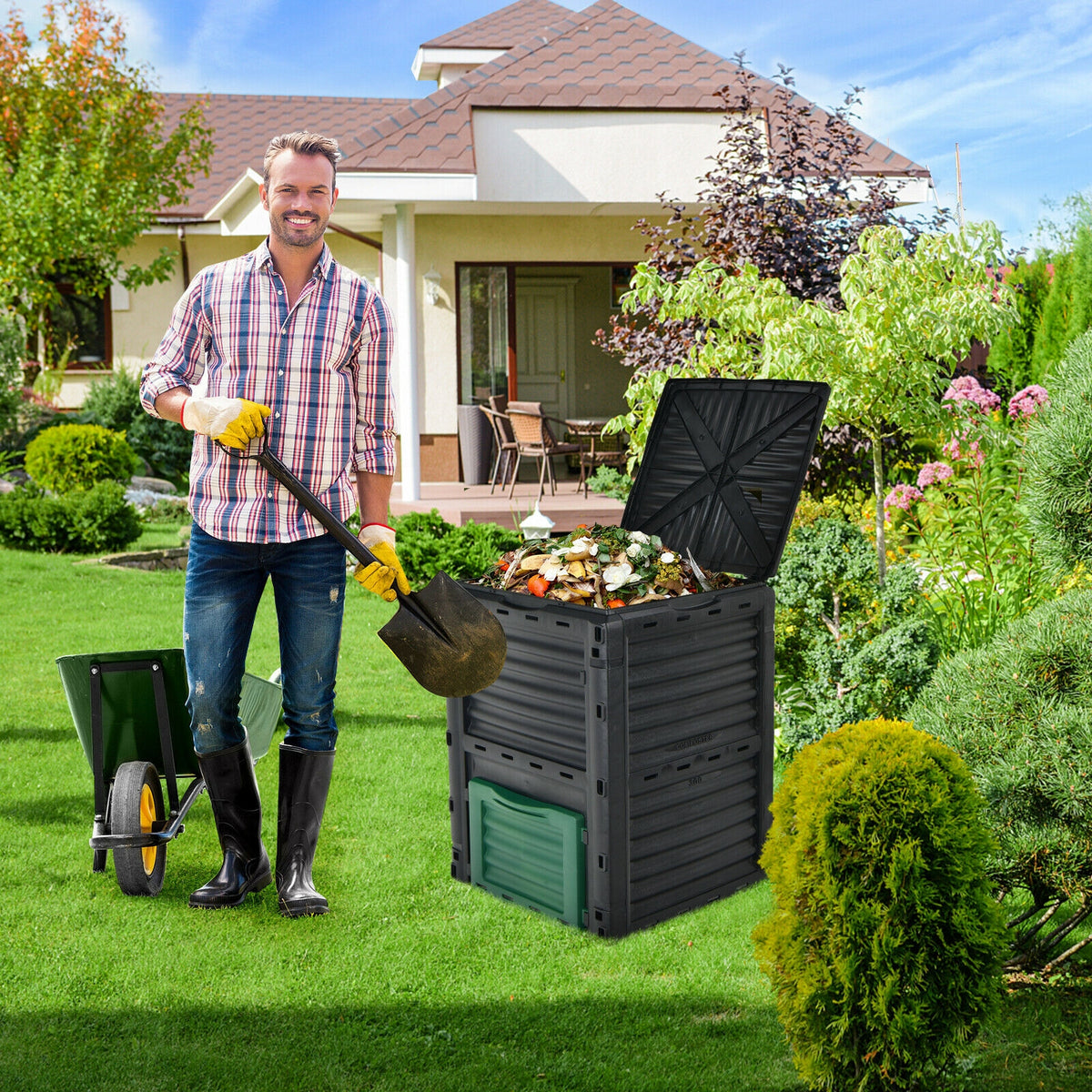 80-Gallon Outdoor Composter with Large Openable Lid and Bottom Exit