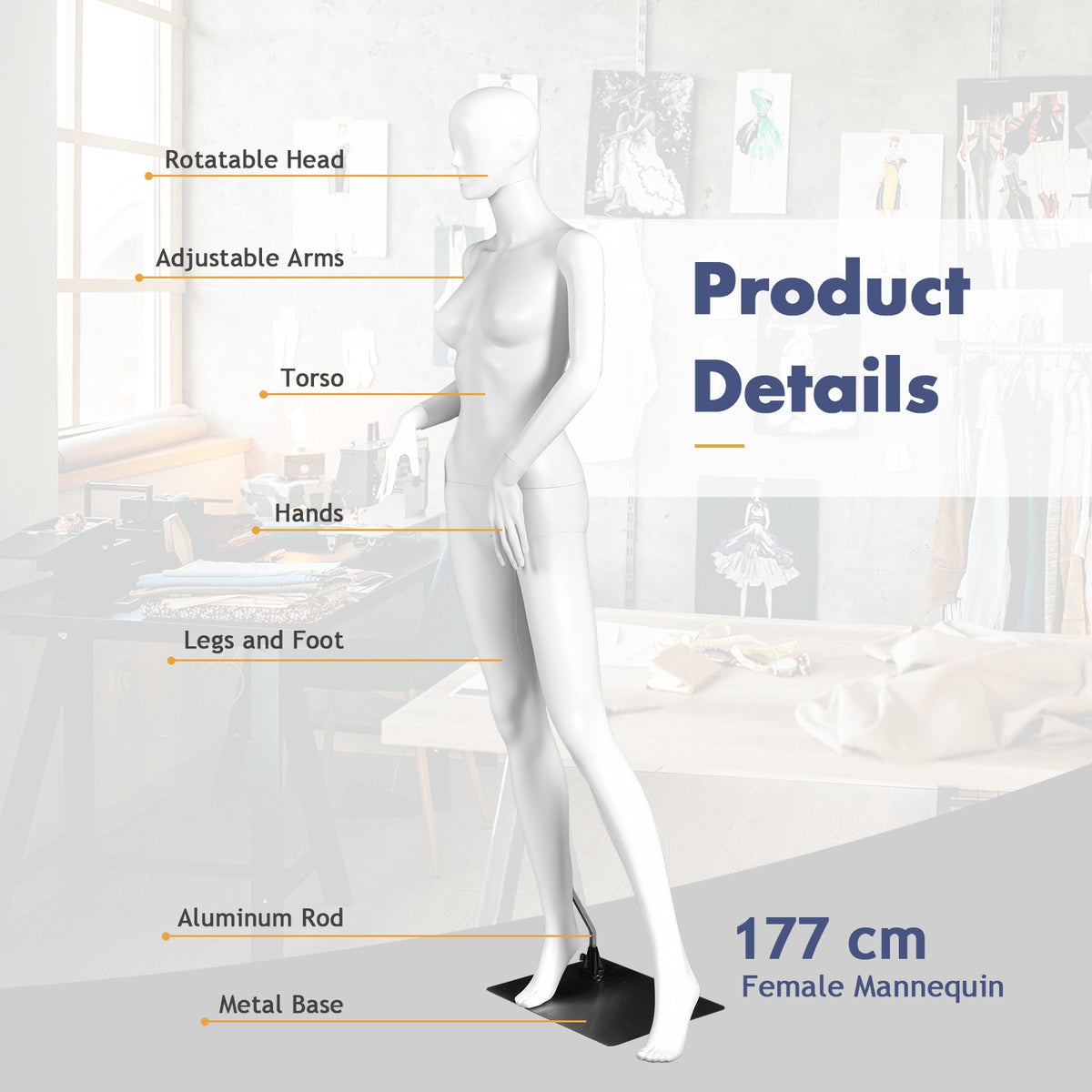 70-Inch Female Mannequin with Bent Arms & Metal Stand - Adjustable Plastic Body