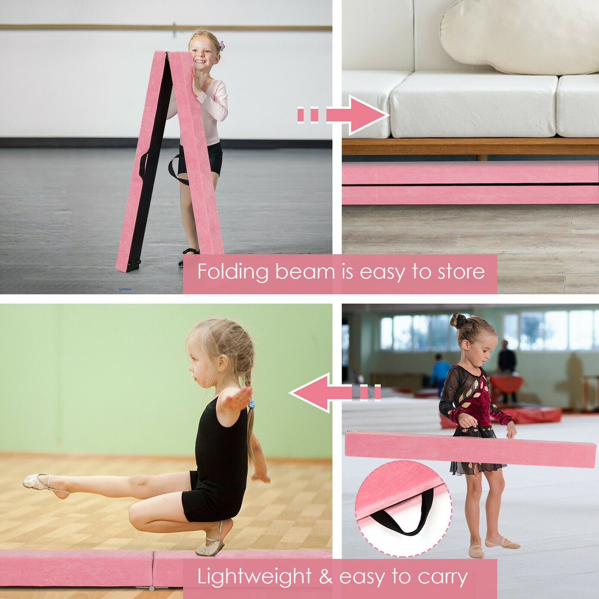 Portable Floor Balance Beam with Handles - 7 Feet Folding Gymnastics Beam, Pink