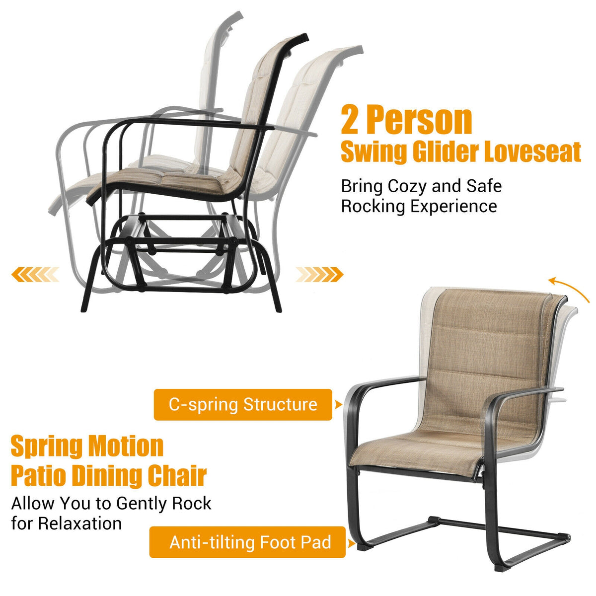 4 Pieces Outdoor Patio Furniture Set with Padded Glider Loveseat and
