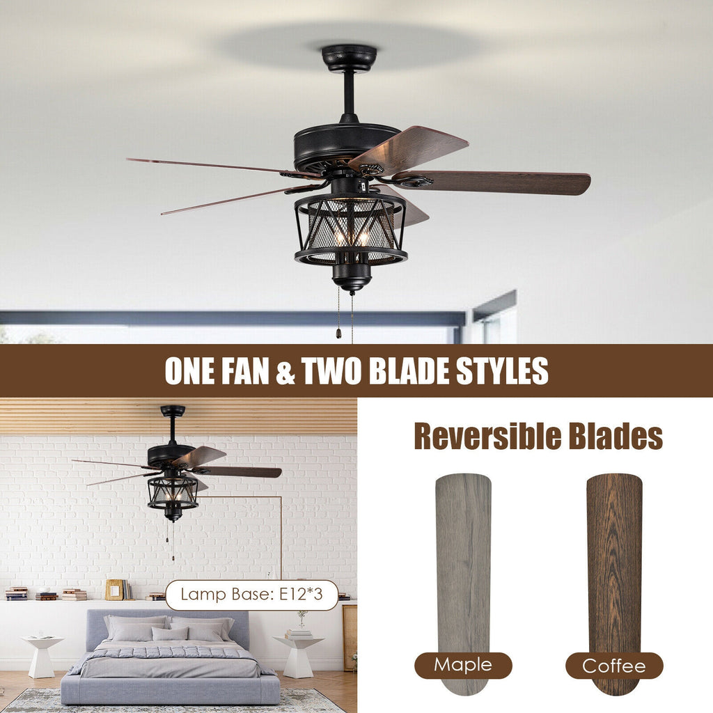 Black 50-Inch Ceiling Fan with Lights Reversible Blades & Pull Chain