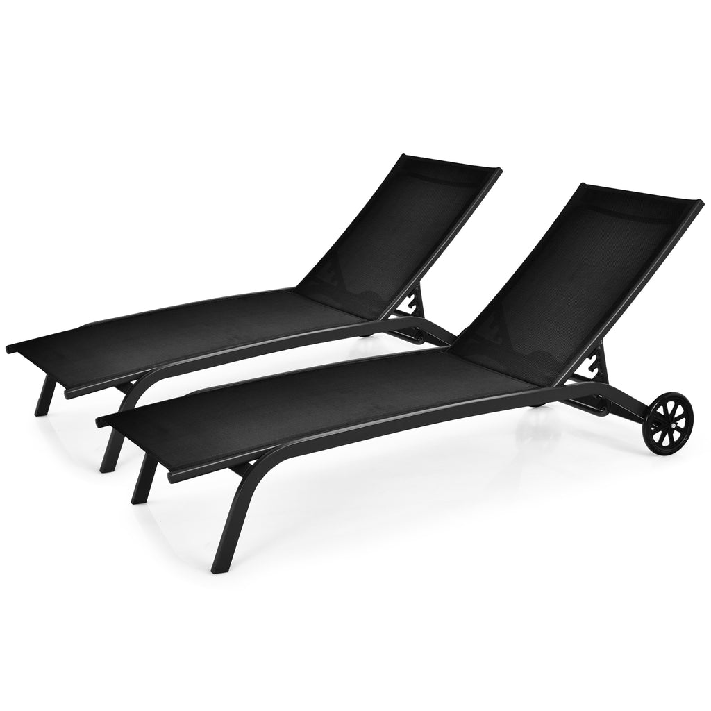 6-Position Adjustable Outdoor Chaise Recliner with Wheels - Black