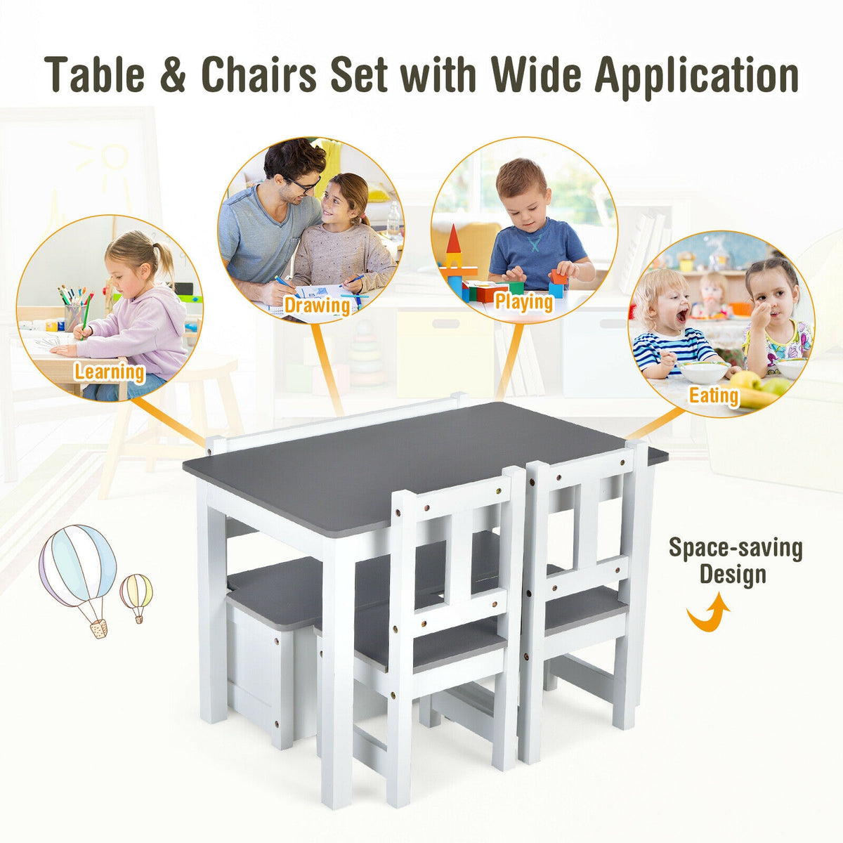 Kids Wooden Activity Table and Chairs Set with Storage Bench - Gray, 4 Pieces (Variation of THIS listing)