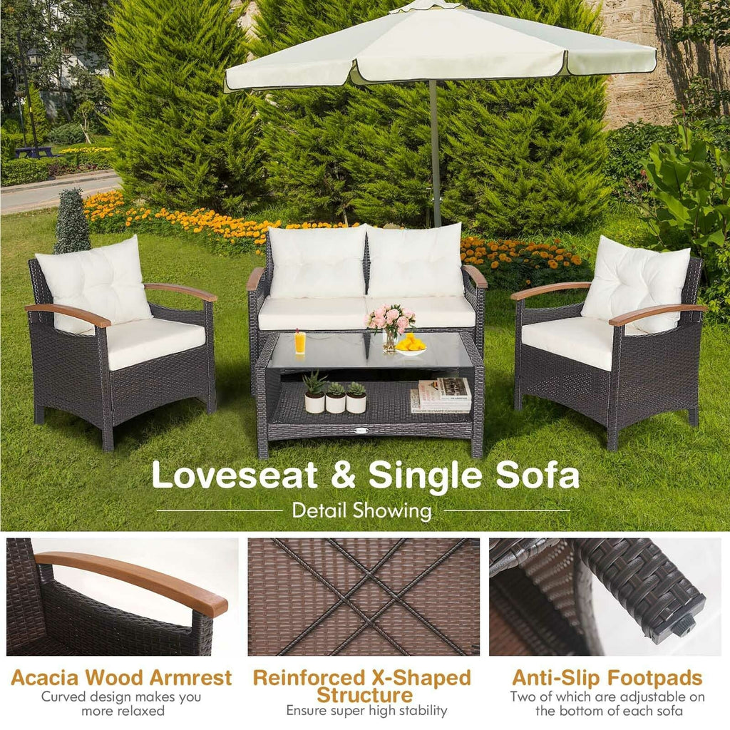 4 Pieces Patio Rattan Furniture Set with Cushioned Sofa and Storage