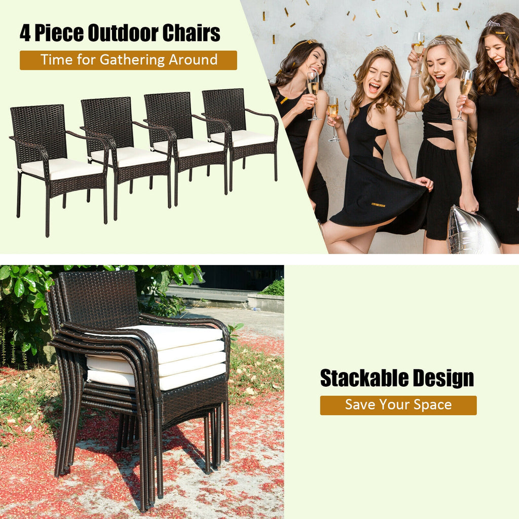 Set of 4 Patio Rattan Stackable Dining Chair with Cushioned Armrest