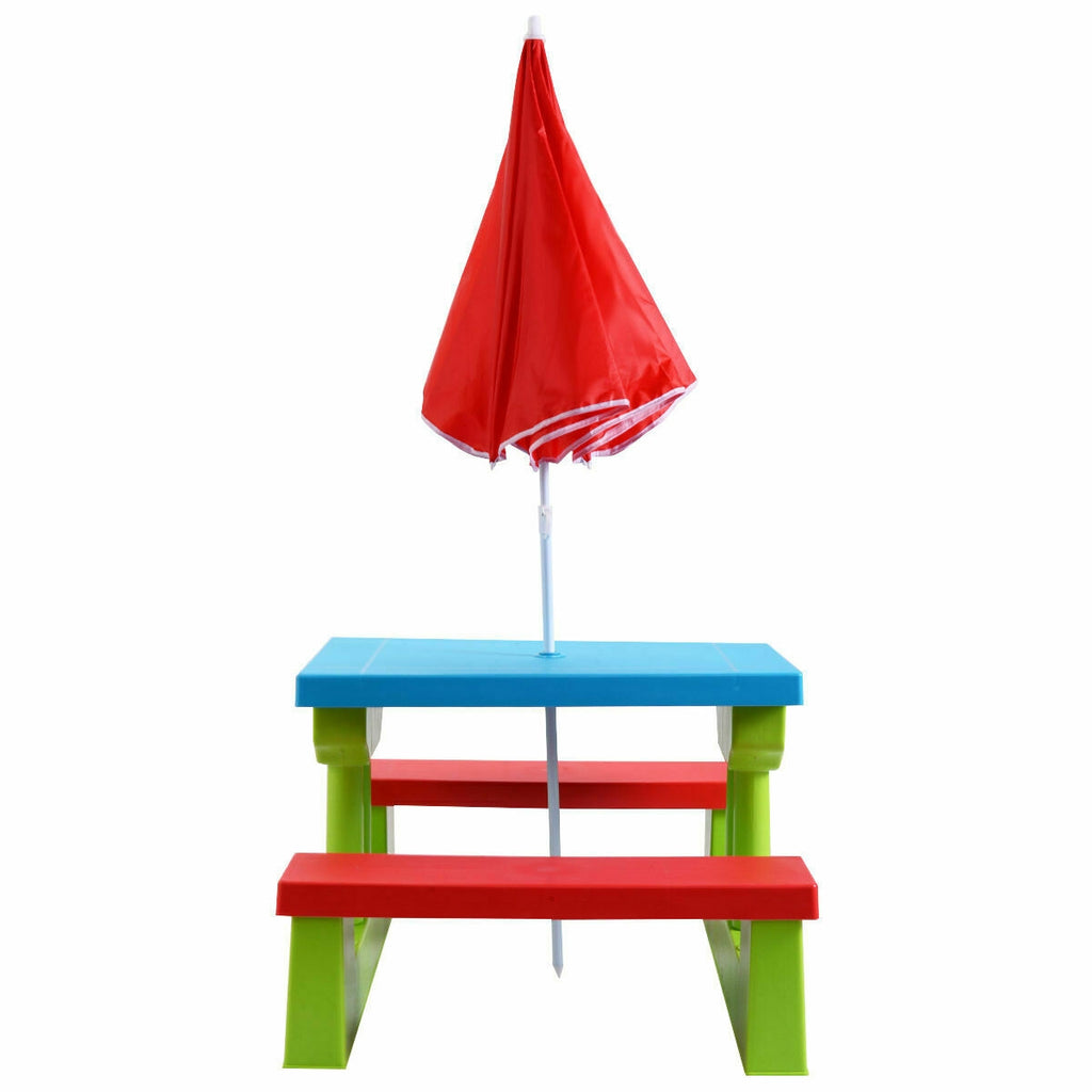 Kids Picnic Folding Table and Bench Set with Green Umbrella - Safe & Sturdy Outdoor Play Furniture
