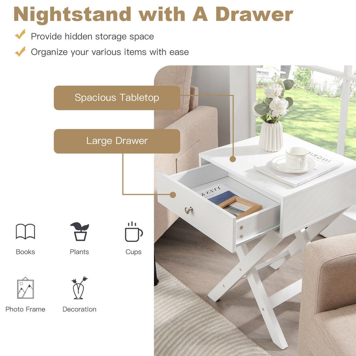 Modern X-Shaped Nightstand with Drawer - White