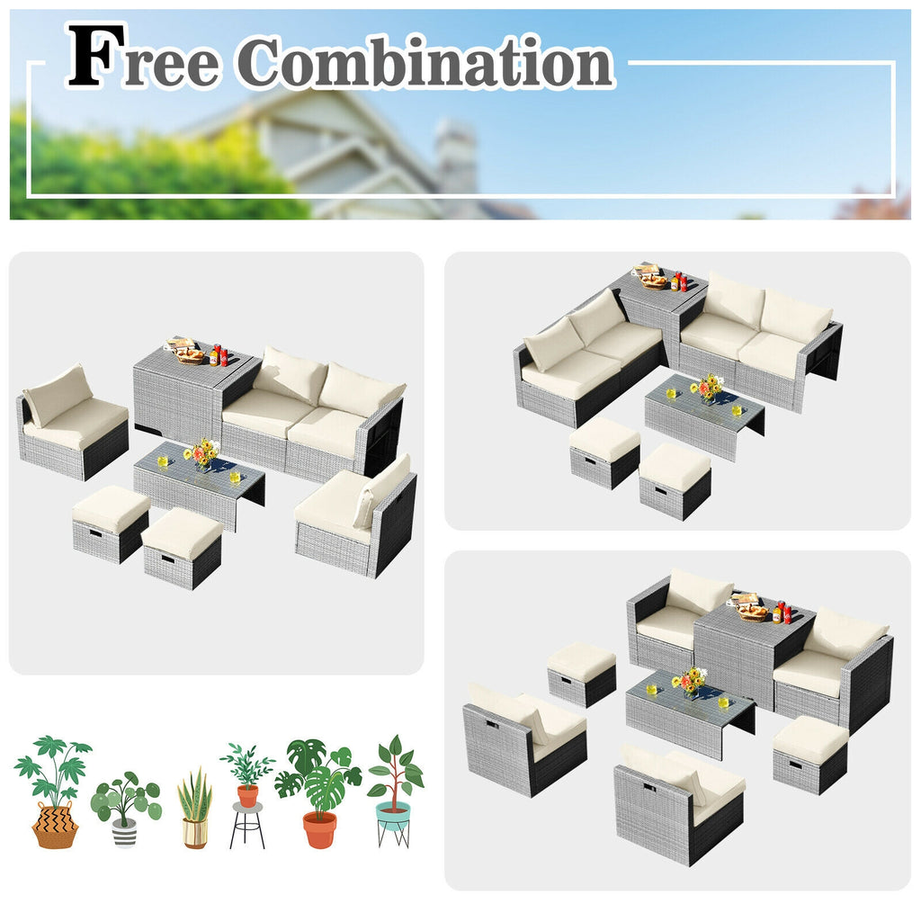 8-Piece Patio Rattan Furniture Set with Storage & Cover - Gray Rattan, Off White