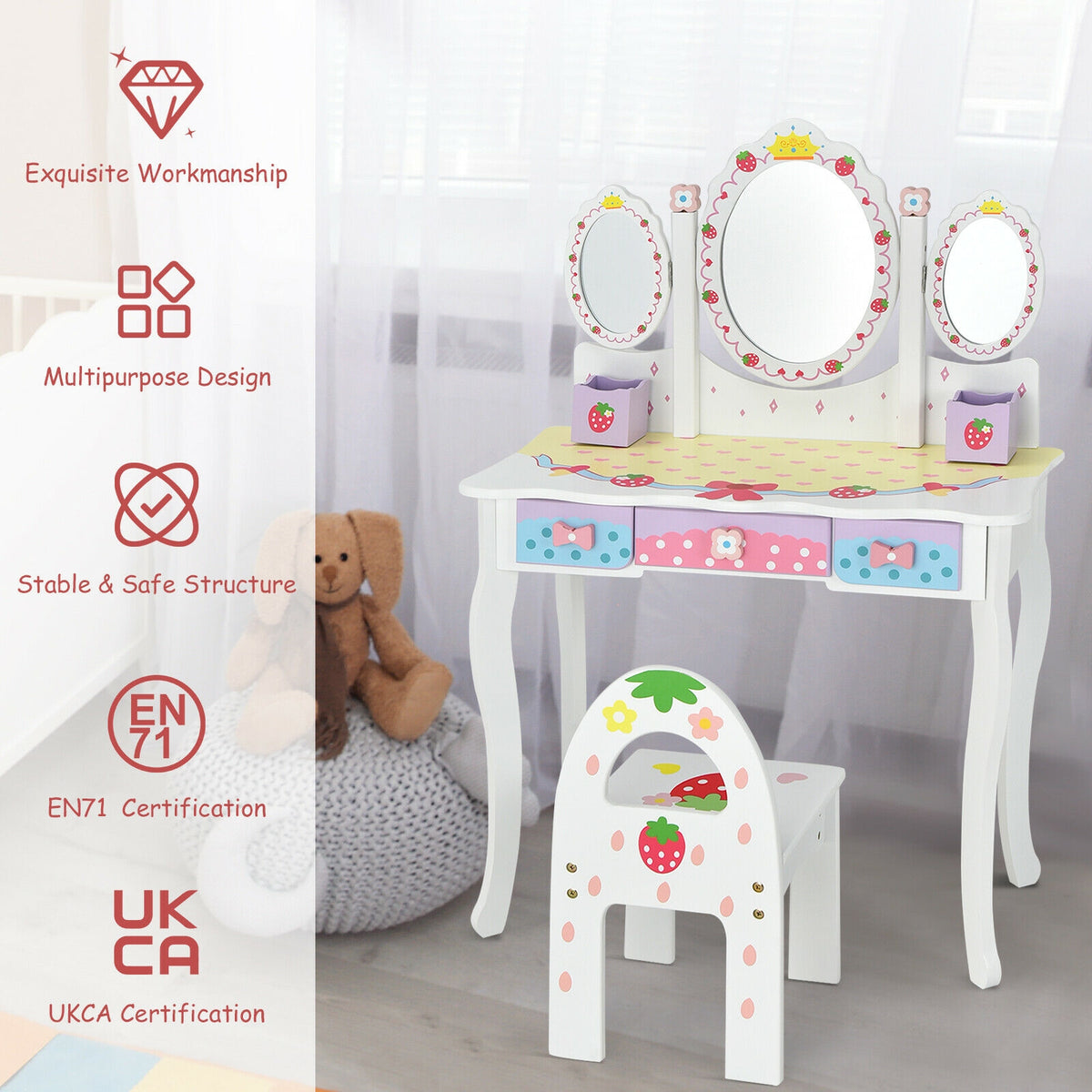 Kids Vanity Set with Tri-Fold Mirror and Chair - White, Detachable Top