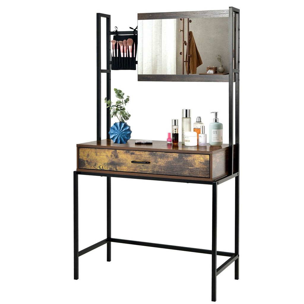Industrial Vanity Table with Adjustable Mirror - Brown